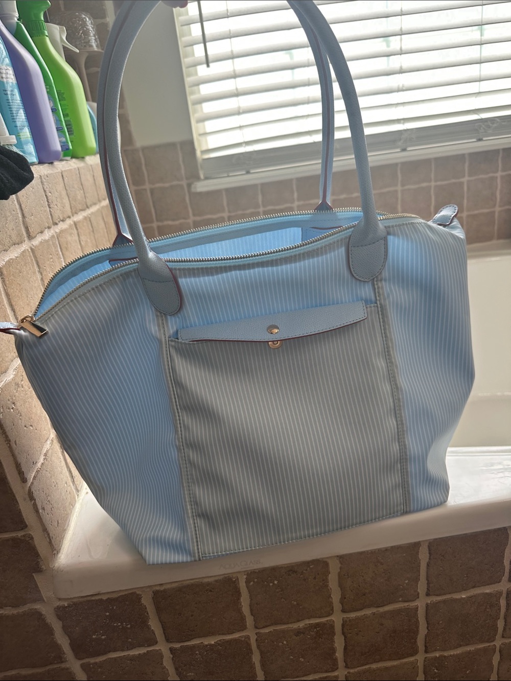 Mark & Graham Sky Blue Pinstripe Tote with Front Pocket